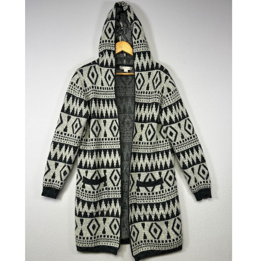 Boho Tribal Monteau Los Angeles Womens M Black White Geometric Hooded Cardigan - Picture 1 of 10